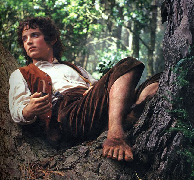 Hobbit Frodo in tree with dirty feet