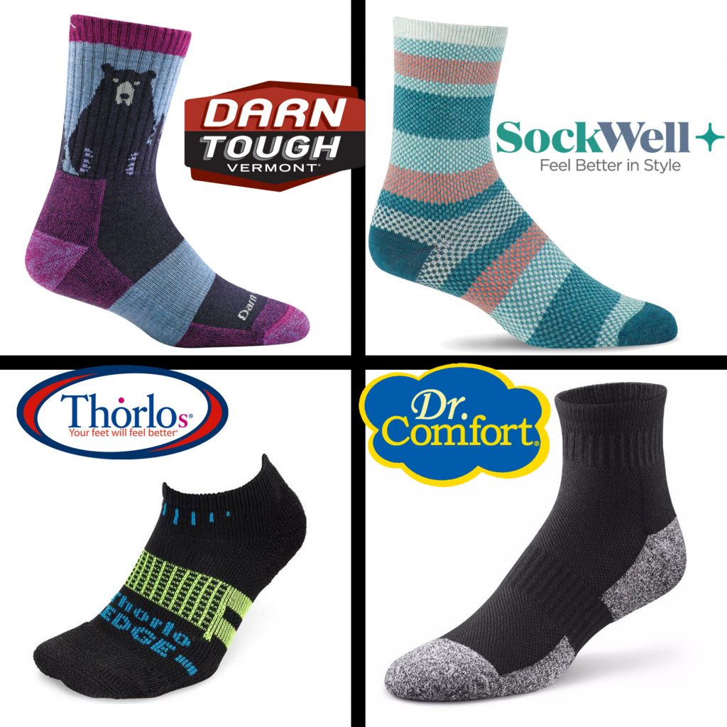 Top 4 brands of socks carried by The Shoe Smith, Darn Tough, SockWell, Thorlo, Dr, Comfort