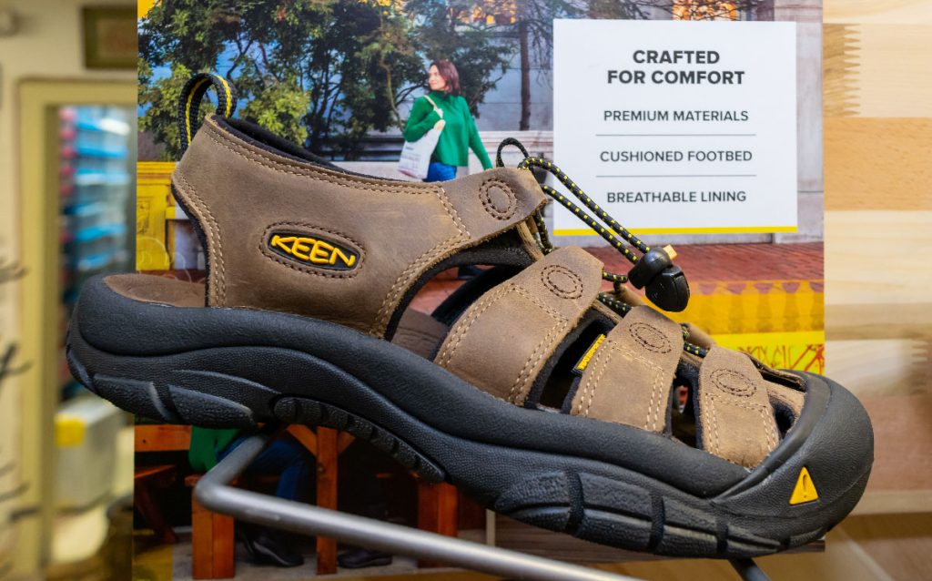 Keen hiking sandal on display.